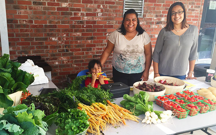Research led by Joy Casnovsky of the Sustainable Food Center will explore how efforts in Austin, TX to improve access to fruits and vegetables are impacting residents’ purchasing decisions and health outcomes. Here, farm stand facilitators make fresh vegetables available to community members. Photo credit: FFAR.